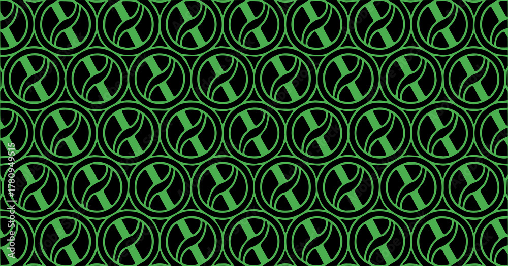 Fototapeta premium Green geometric circular pattern with interconnected ring shapes forming a symmetrical repeating structure.