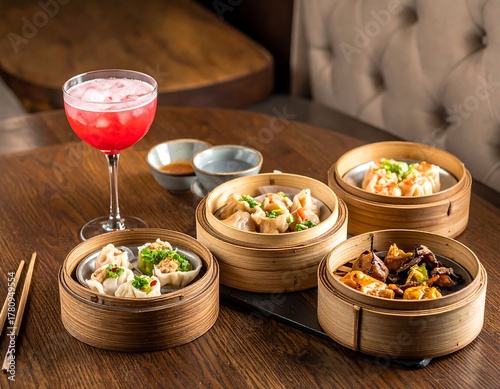 Wallpaper Mural Assortment of dim sum in bamboo steamers with a cocktail and dipping sauces Torontodigital.ca