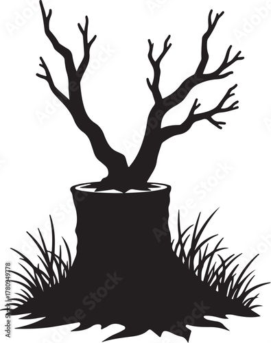 Black silhouette of bare tree stump with grass black and white
