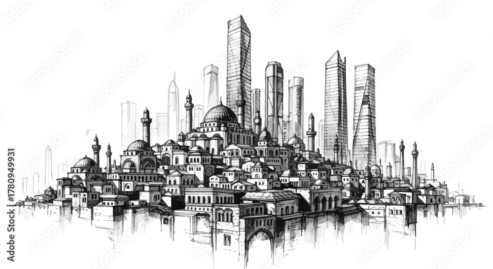 Naklejka premium Dense futuristic cityscape with layered skyline and towers, intricate architectural line illustration.