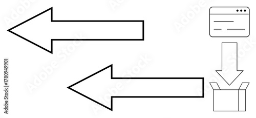 Two arrows point in opposite directions, connecting a browser window and a box to illustrate data exchange. Ideal for communication, teamwork, delivery, networking, data migration, logistics