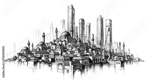 Dense futuristic cityscape with layered skyline and towers, intricate architectural line illustration.