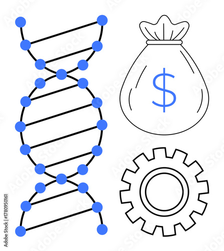 DNA strand, money bag with dollar sign, and gear depict science, innovation, and financial growth. Ideal for research, biotech, startup innovation healthcare investment progress concepts. A