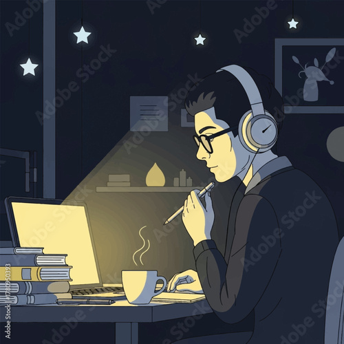 A young man wearing headphones and glasses studies at a desk with a laptop and books, illuminated by a desk lamp and a steaming cup of coffee nearby.