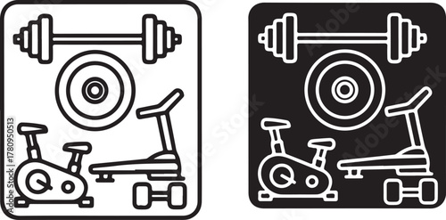Two simple line art icons showcasing gym equipment, including a barbell, weight plate, exercise bike, and treadmill, one in black outline on white and the other in solid black on white icon on