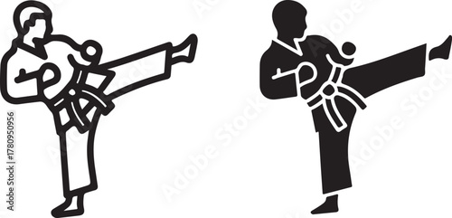 Two simple icons of a person performing a karate kick, one in outline and one in solid black, representing martial arts and combat sports, icon on
