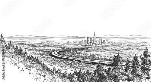 Curving highway leading to distant skyline, landscape architecture perspective drawing.