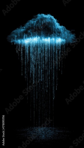 Abstract illustration of a digital cloud with data rain against black background