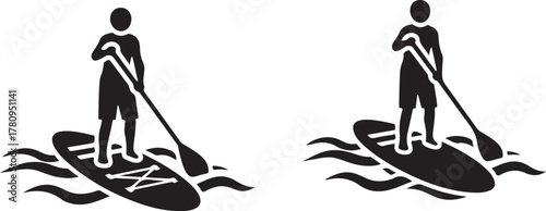 Two simple icons of a person paddleboarding on a river, one in outline and one in solid black, representing water sports and outdoor recreation, icon on