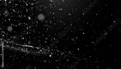 White bokeh, particles, and sparkles on dark black background