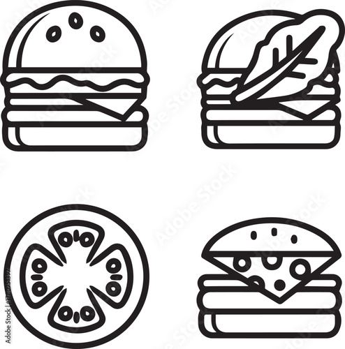 Stylized fast food black and white outline vector icons featuring gourmet and classic burgers with a fresh tomato slice