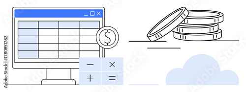 Spreadsheet on monitor, currency icon, calculator, cloud storage, and coins. Ideal for budgeting, accounting, online banking, data organization financial planning cloud saving simple flat metaphor