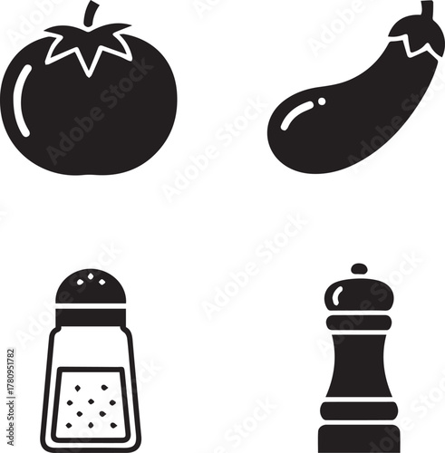 Simple black and white icons of tomato, eggplant, salt shaker, and pepper grinder in a set