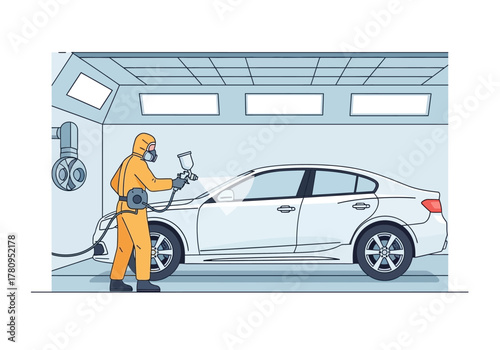 Car Painting Process: Worker Spraying White Sedan in Garage
