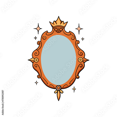 Ornate oval mirror with crown and sparkles isolated on white background