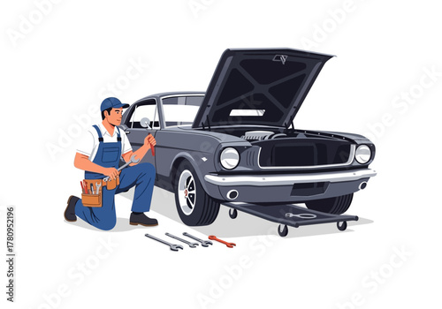 Mechanic Repairing Classic Car with Open Hood and Tools