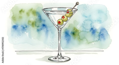 Artistic rendering of a classic cocktail, a martini adorned with olives, with watercolor background