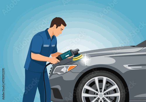 Car Detailer Polishing a Gray Vehicle with a Power Buffer for Shine