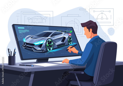 Sleek Silver Sports Car Design on Computer Screen with Green Accents