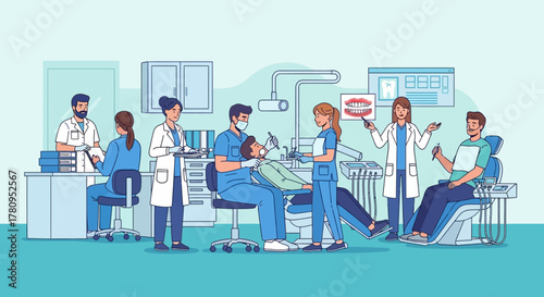 Dental Clinic Scene with Doctors and Patients in Blue Tones