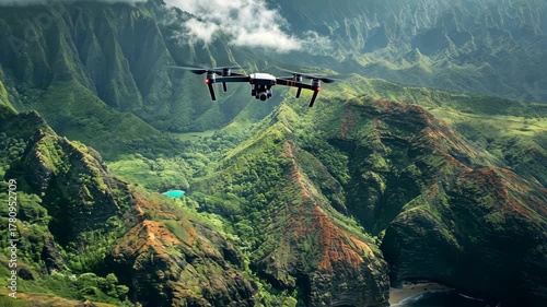 Stunning aerial view of lush green mountains with a picturesque coastline captured by drone in bright daylight