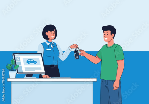 Car Rental Transaction: Woman Handing Keys to Customer at Counter