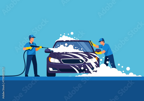 Car Wash Service with Two Workers Cleaning a Dark Blue Sedan