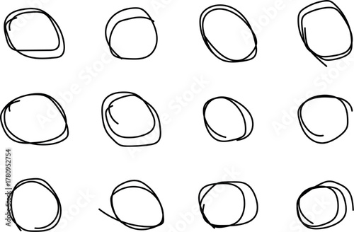 Handmade Round Brush Paint Strokes and Black Ink Circles with Grunge Calligraphic Swirls, Vector Watercolor Lines, and Traditional Japanese Enso Symbol Inspired Dot Set