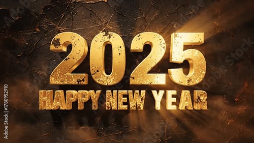 Golden 2025 new year greeting with fireworks and sparkling effects