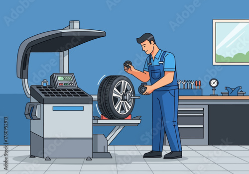 Mechanic Balancing a Car Tire on a Wheel Balancer Machine
