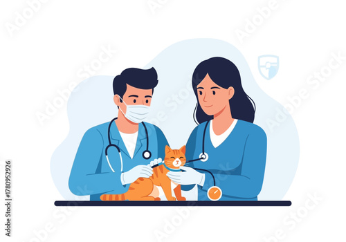 Veterinarians Examining a Cute Orange Tabby Cat with a Blue Collar