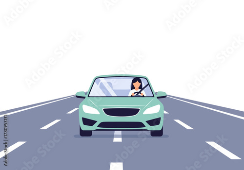 Woman Driving a Teal Car on Highway