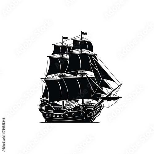 Vintage tall ship with full sails isolated vector illustration