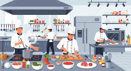 Professional Chefs Preparing Food in a Commercial Kitchen Setting