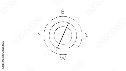 Minimal abstract motion design with circular rotation and intersecting compass directions north south east west with white background.