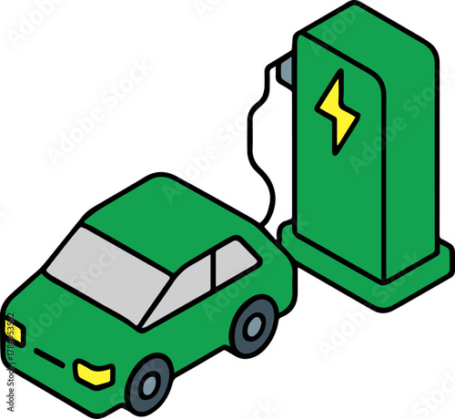 illustration of an electric car being charged at a charging station.