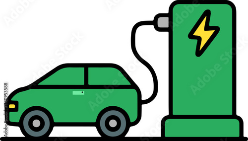 illustration of an electric car being charged at a charging station.