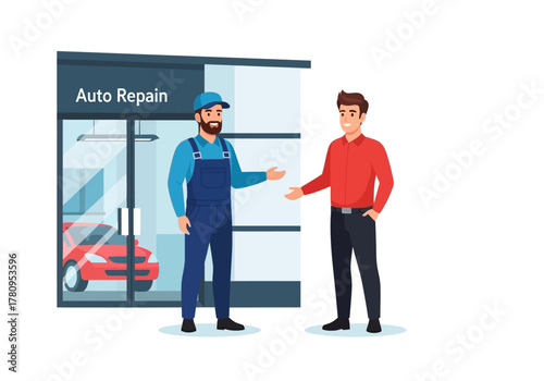 Auto Repair Shop Scene with Mechanic and Customer in Front of Store