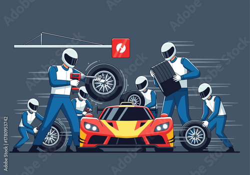 Racing Team Changing Tires on a Red and Yellow Race Car