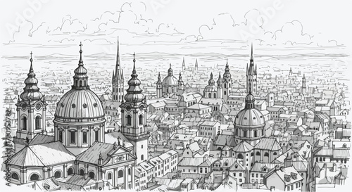 Panoramic European cityscape with domes and spires, detailed architectural sketch.