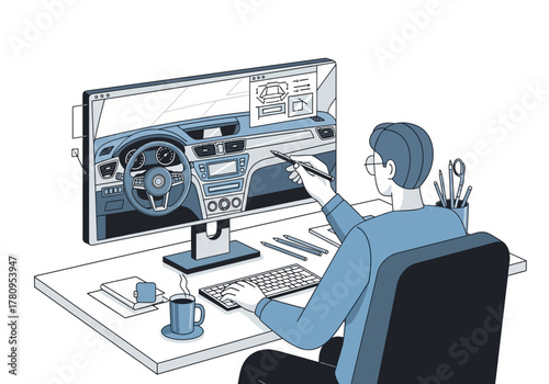 Car Interior Design on Computer Screen with Designer at Desk
