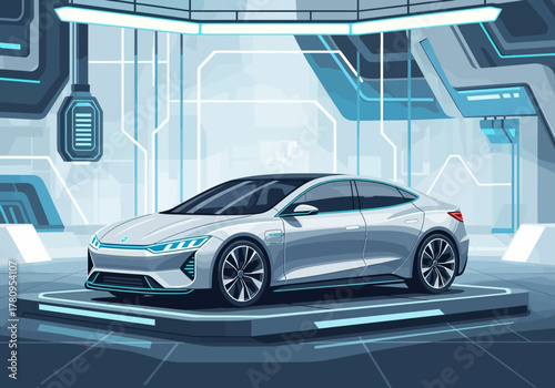 Sleek Silver Electric Car on Display in Futuristic Showroom