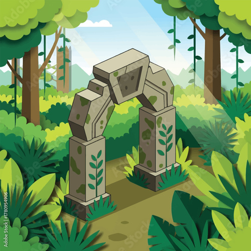 Ancient stone archway covered in moss and vines, nestled in a vibrant, sun-dappled jungle with a path leading through it.