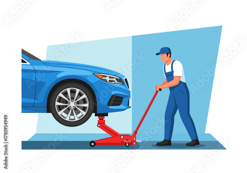 Mechanic Lifting Blue Car with Hydraulic Jack for Repair Service