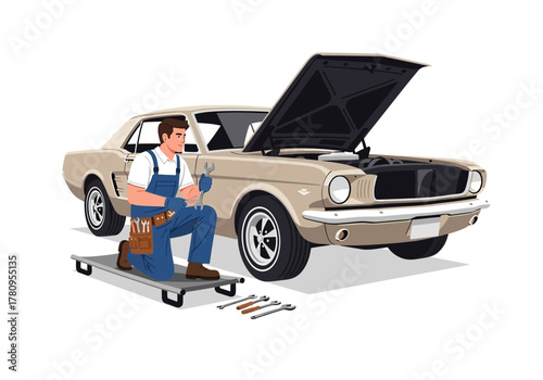 Mechanic Repairing Classic Car with Open Hood and Wrenches