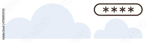 Cloud shapes paired with a password field signify secure digital storage. Ideal for cybersecurity, data management, technology, online safety, privacy, storage systems, secure access. A simple flat