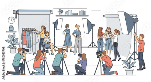 Fashion Photoshoot with Models, Photographers, and Studio Lighting