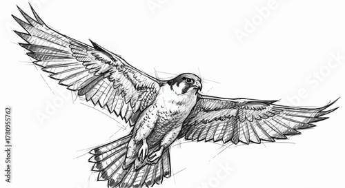 Detailed pencil sketch of a bird in flight with open wings, graceful motion and fine linework.