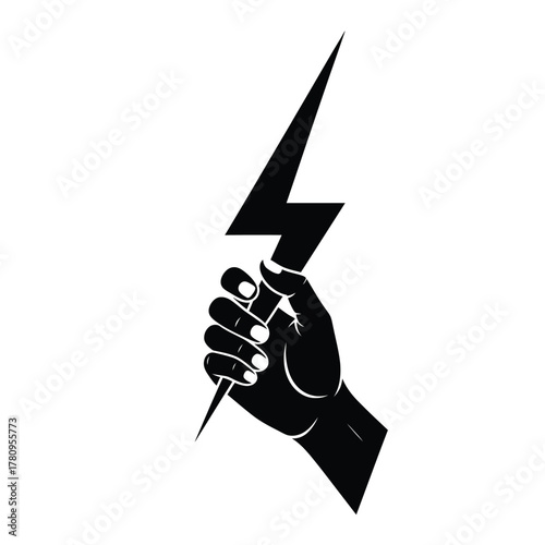 Black hand holding lightning bolt, power strength energy symbol