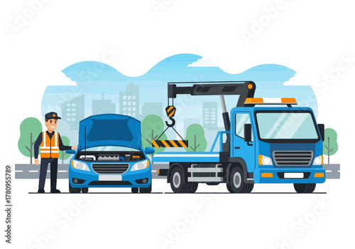 Blue Tow Truck Assisting a Car with Open Hood and a Worker